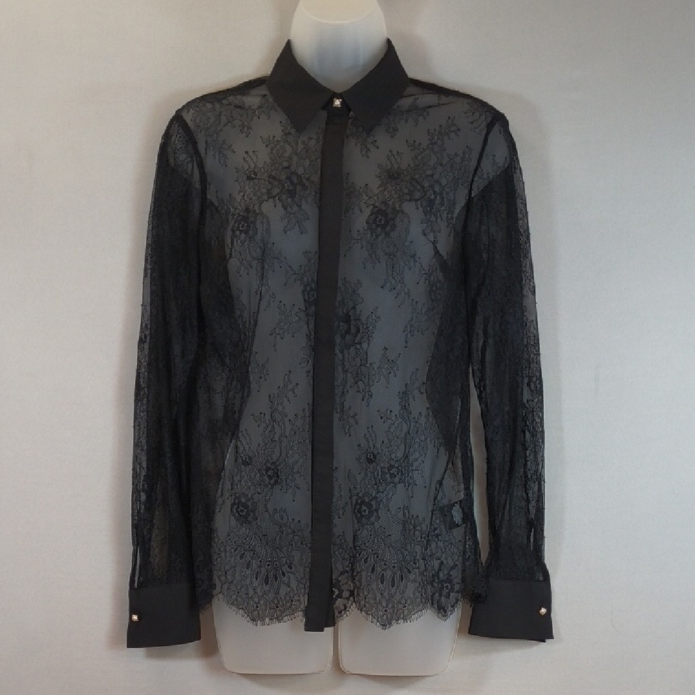 A New Day Women's Black Lace Long Sleeve Button Up Top , Size S